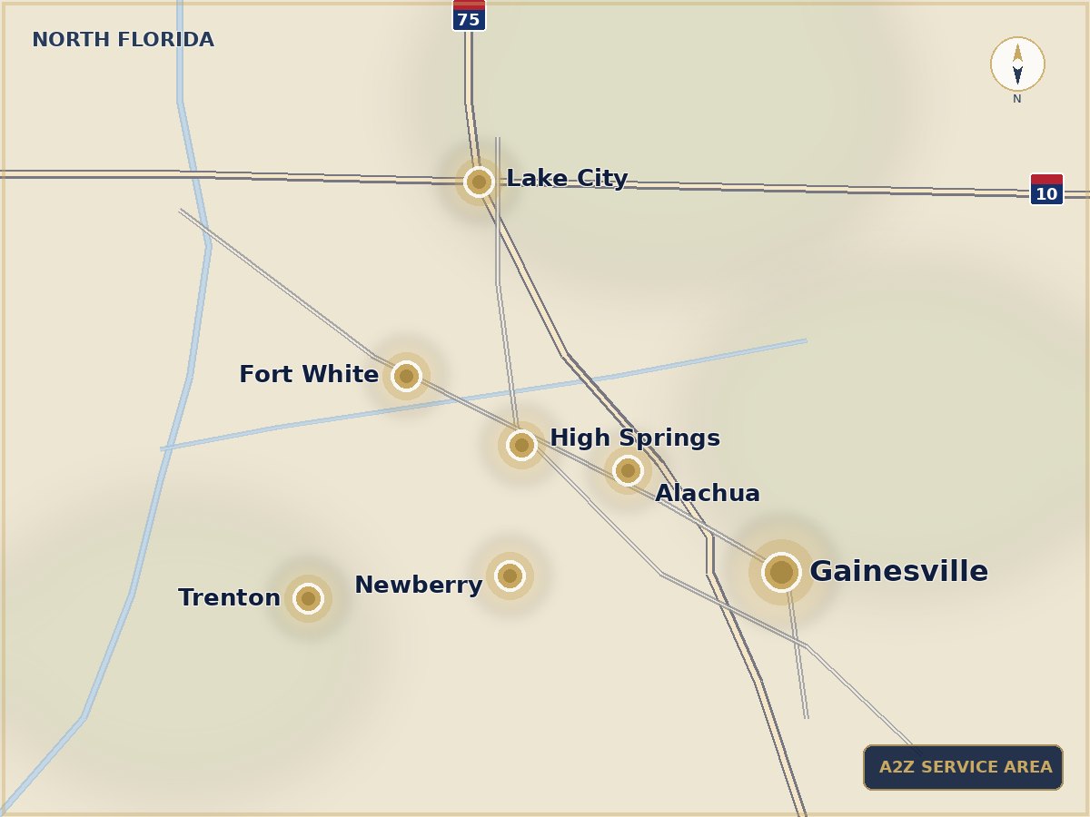 Map of A2Z Concrete service area in North Central Florida — Fort White, Gainesville, Lake City, High Springs, Alachua, Branford, Newberry, Trenton, Bell, Lake Butler, and Williford